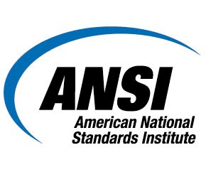 ANSI Logo - Blue swipe begins in lower left hand side and end in upper right hand side with the text ANSI American National Standards Institute under the swipe.